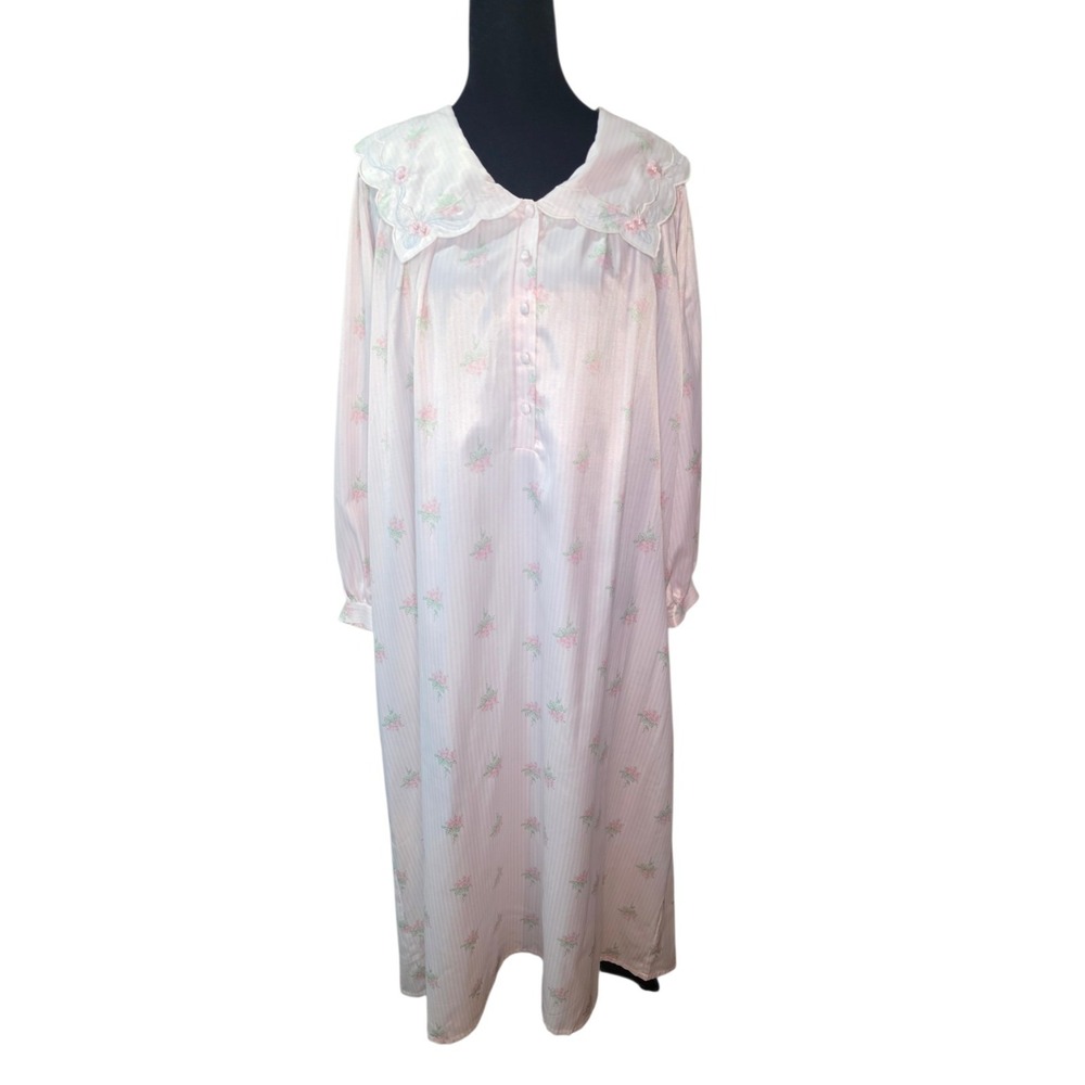 Vintage Maidenform Nightgown Pink Floral Stripe Embroidered Collar L  Romatic